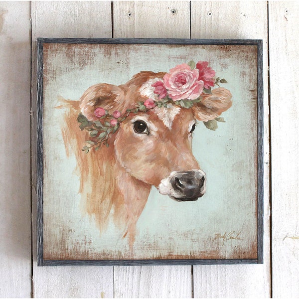 Shabby Chic  Rustic Cow Rosie Wood Print Barnwood Framed Farmhouse Animal Wall Art by Debi Coules