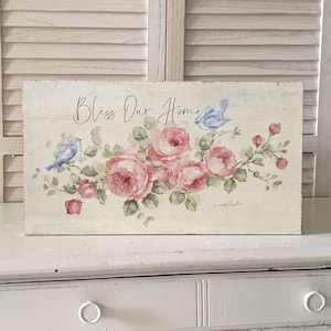 Bless Our Home Wood Sign: Shabby Chic Roses & Bluebirds Wall Art by Debi Coules