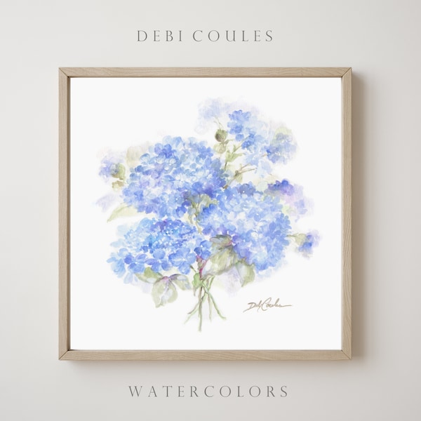 Shabby Chic Blue  Hydrangeas Watercolor Print Floral Wall Art by Debi Coules