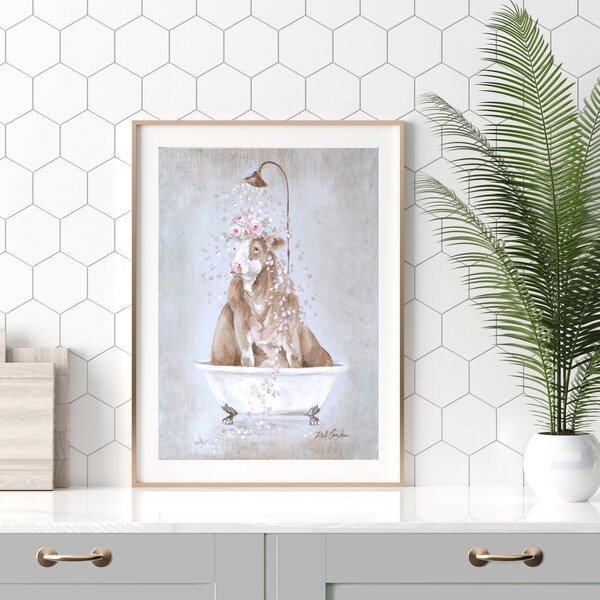 Cow In A Tub Shower of Rose Petals Fine Art Print Modern Farmhouse Shabby Chic Rustic Brown and White Cow Bathroom Art by Debi Coules