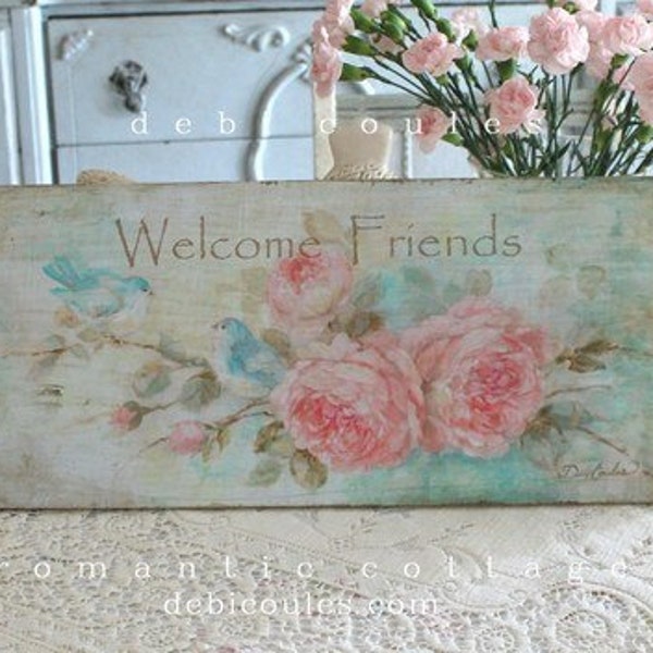 Shabby Chic Pink Roses Welcome Friends Cottage Wood Sign Flower Wall Art by Debi Coules