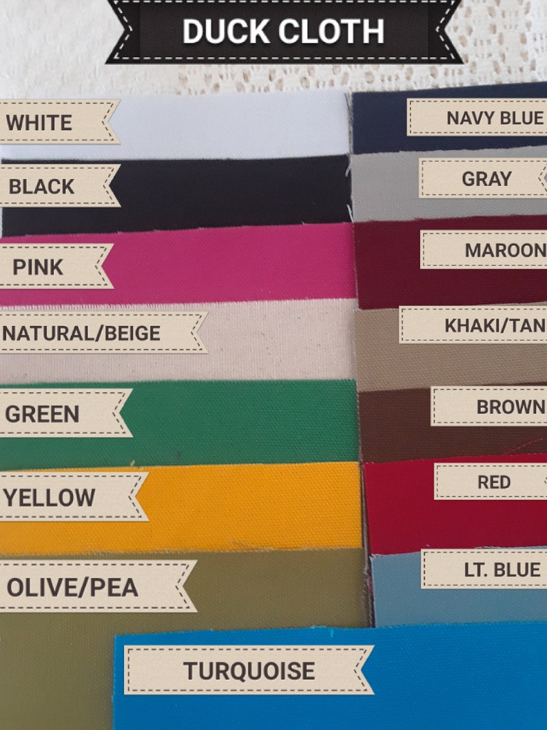 Pu&ograve; includere: Una cartella colori di campioni di tessuto in tela di anatra in vari colori, tra cui bianco, nero, rosa, naturale/beige, verde, giallo, oliva/pisello, turchese, blu navy, grigio, marrone, kaki/marrone, marrone, rosso e blu chiaro.