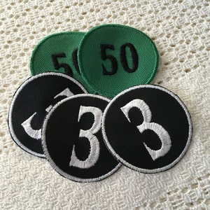 TEAM-UNIFORM NUMBER Patches 2.5 inch, Number Uniform Sew Or Iron On, In Memory Of, Special Award, Quantity Discounts Available, Personalize