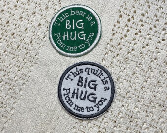 Round "Big Hug" Patch: Multi-Color Fabric, Sew or Iron On (2.5-4.5")