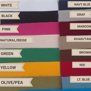 May include: A colour chart of duck cloth fabric swatches in various colours, including white, black, pink, natural/beige, green, yellow, olive/pea, turquoise, navy blue, grey, maroon, khaki/tan, brown, red, and light blue.