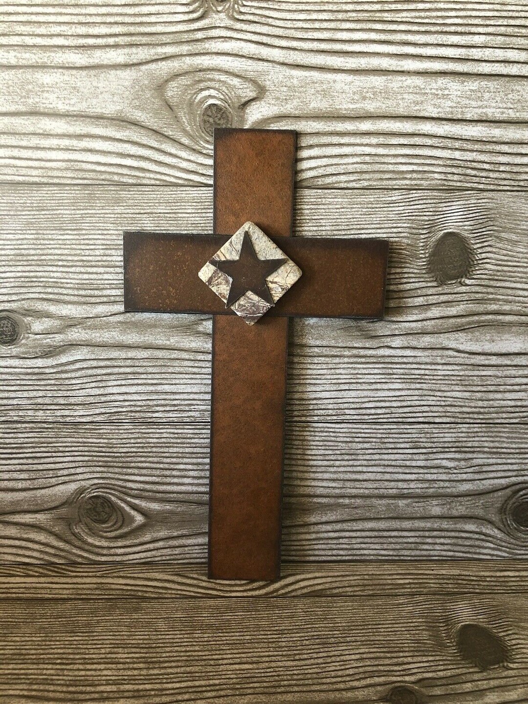 Metal Cross Wall Art Home Décor, Rusted Look, Embellished With Stone