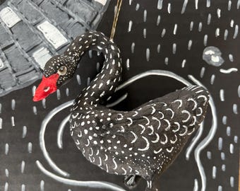 Spun cotton folk art black swan
