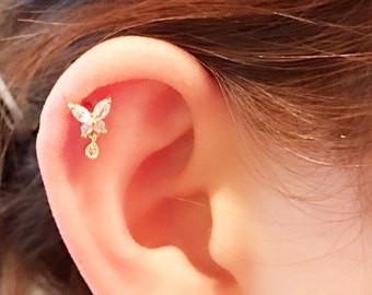 Butterfly with tear Drop Dangle Piercing, Cartilage earring, CZ stud ear piercing, Tragus Piercing, CZ piercing,Helix Earring,conch piercing