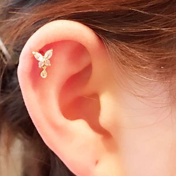 Butterfly with tear Drop Dangle Piercing, Cartilage earring, CZ stud ear piercing, Tragus Piercing, CZ piercing,Helix Earring,conch piercing