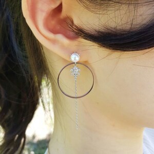 Pearl Circle drop Earrings/ party Earrings/ Sterling Silver pin Earrings/dangle earring