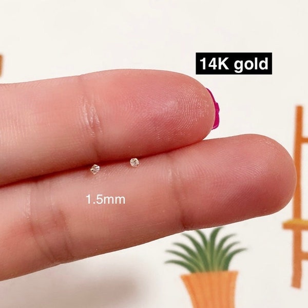 14K gold CZ stud, small earring 14K, 1.5mm earring, 14K gold stud, Minimalist hypoallergenic, 14K solid gold jewelry, tiny small stud G15