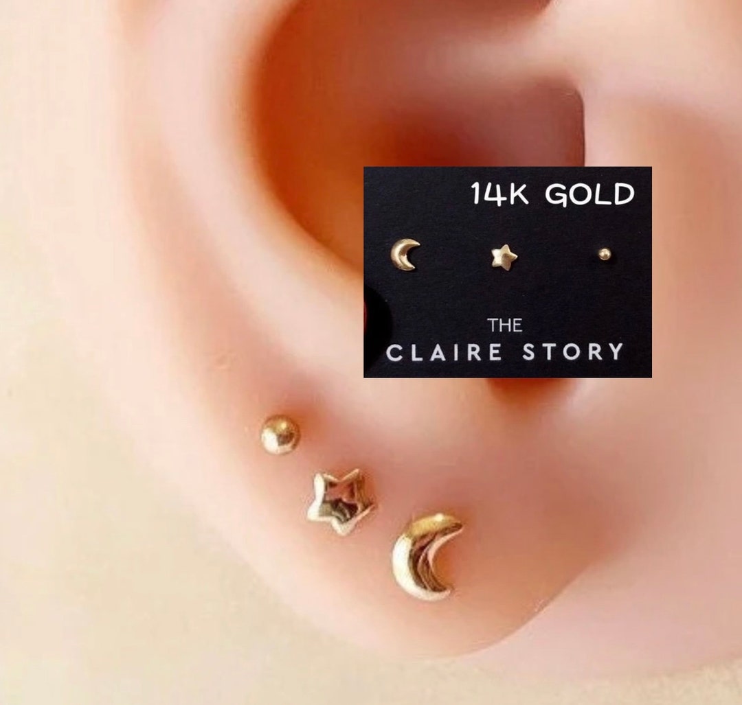 Buy 14K Gold Sky View Earring Set: Moon, Star, Dot Studs Online in India 