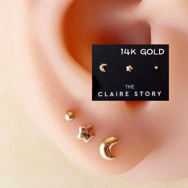 14K gold Tiny sky view set/ 14K Gold Layered earring/ moon star stud earring/ hypoallergenic stud/ 14K gold stud earring/ small earring/