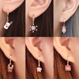 Snowflake Christmas Earring, 14K rose gold pin stud, simple cute earring, Minimalist, Christmas gift, hook, hoop, gift for her,gift for girl