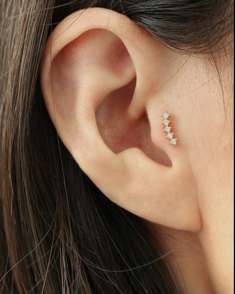 14K Rose Gold Curved Bar CZ Stud Earring: Tragus, Helix, Conch
