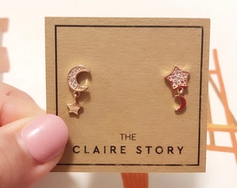 Sterling Silver Moon & Star Dangle Earrings: Minimalist Studs