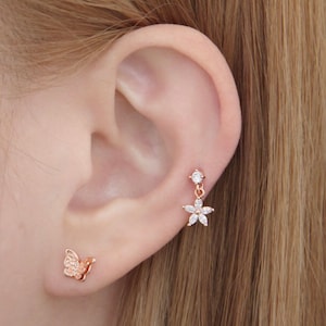 dangling flower 14K rose gold pin Piercing,Layered earring, Brass, 14K stud jewelry, pierce, Cartilage, Tragus, conch earring,minimalist-G77
