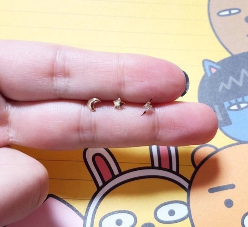 14K solid Gold tiny moon/&star.bolt earring 14K gold stud 14K gold minimalist 14K real gold earring 14K solid gold stud