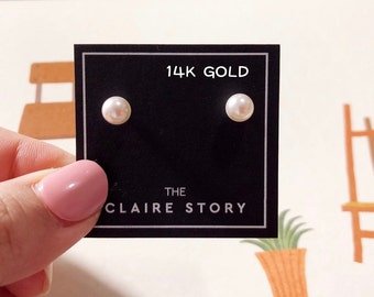 14K Gold Pearl earrings ,14K gold stud, pearl stud, 14K gold minimalist ,pearl, earrings, 14K gold pearl, Mother's Day gift everyday earring