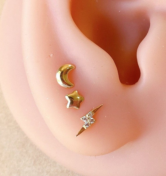 14K Gold Stud Earring Moon Star 14K Gold Jewelry Minimalist