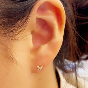 14K gold cz butterfly Piercing/14K gold stud earring /14K gold Tragus/piercing/Helix Earring/conch piercing/Delicate Bar Tragus piercing