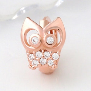 14K Rose Gold pin lucky owl  hoop earring/CZ hoop earring/cartilage /Tragus/Daith piercing /Hoop piercing/Owl earring/ hoop earring-20