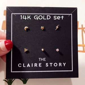 14K gold layered earring set, 14K gold stud, hypoallergenic, Minimalist piercing, pierce 14K, moon star bolt stud set, cartilage, conch stud