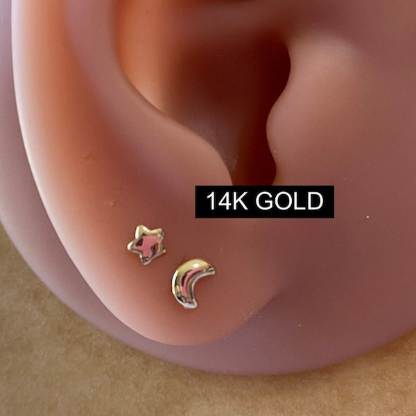 14K Gold stud earring, moon star 14K gold jewelry, Minimalist earring, hypoallergenic stud, gold jewelry 14k, solid 14k gold earrings -G9