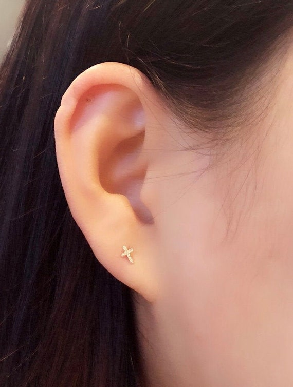 Tiny Cross 10K Solid Gold Piercing 10k Gold Stud Earring tragus
