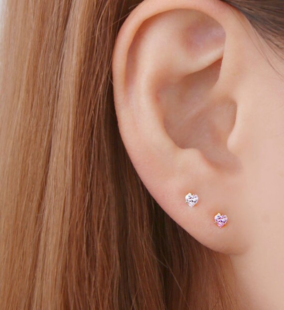14K Gold CZ Heart Stud Earring /14K Solid Gold Earrings/ 14K