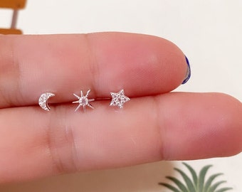 silver nose stud, sun moon star nose ring, nose piercing, cute nose ring, nose bone, small nose jewelry, cartilage earring, minimalist, 24G