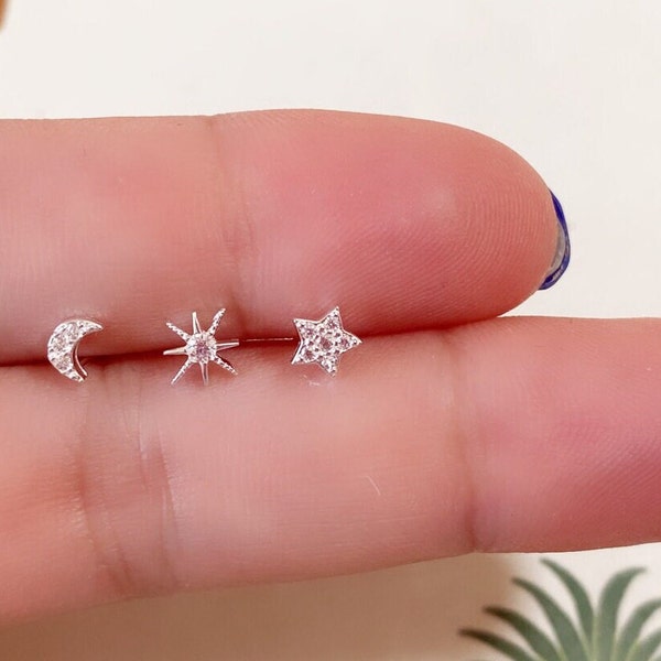 silver nose stud, sun moon star nose ring, nose piercing, cute nose ring, nose bone, small nose jewelry, cartilage earring, minimalist, 24G