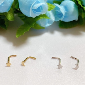 Piercing de nariz em ouro 14K, piercing de estrela e lua, piercing de nariz 14K, piercing de nariz pequeno, piercing de nariz em estrela, minimalista, piercing de nariz fofo 14K, cartilagem GN14.15