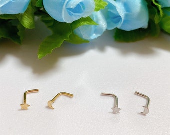 14K Gold Moon & Star Nose Stud: Minimalist Piercing (20GA)