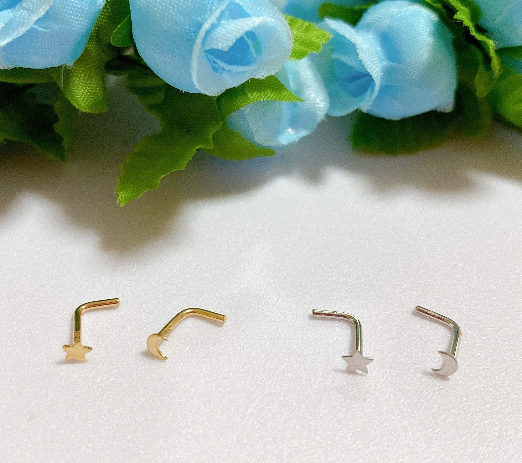 14K Gold Moon & Star Nose Stud: Minimalist Piercing (20GA)