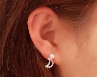 Pearl Moon & Star Sterling Silver Stud Earrings