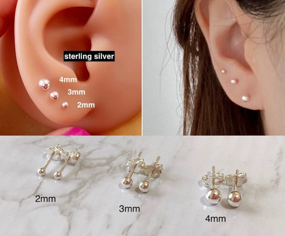 14K Gold over 925 Silver High Polish Smooth Round Ball Stud Earring 3-Size  Set