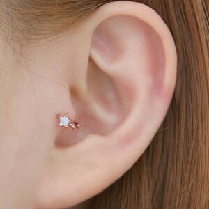 14K Rose Gold pin big star hoop earring/ Brass/ CZ hoop earring /cartilage /Tragus piercing/Daith piercing /Hoop piercing/CZ piercing 15