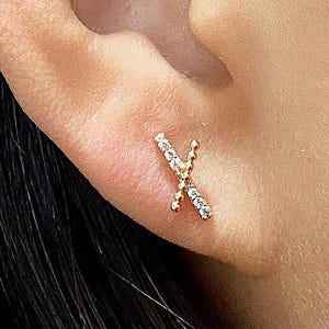 14K rose gold pin Cross Stud, Layered earring, Brass, 14K stud jewelry, pierce, Cartilage, Tragus, helix, conch piercing, minimalist G69