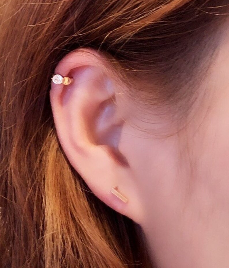 14K Solid Gold Double Dot Hoop Piercing/cz Hoop Earring/helix Etsy