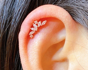 14K Rose Gold Crystal Leaf Ear Climber: Dainty Cartilage Piercing