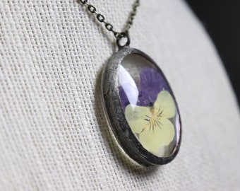 Handmade pressed pansy flower glass pendant