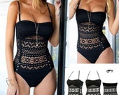 Sexy Mesh Lace Braided Swimsuit, Backless Lace Bikini, Women Mesh Bathing Suit, Jumpsuit Bodysuit See Through Mesh Beachwear