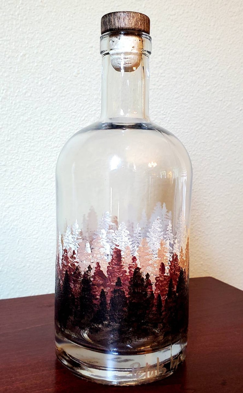 25oz Hand-Painted Whiskey/Bourbon Decanter Forest Design Cherry/Chocolate