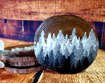 Set of 4 Hand Painted Natural Wood Coasters- Black and White Forest