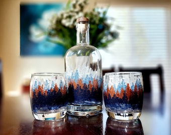 Hand Painted Bourbon/Whiskey Decanter set with 2 Whiskey Glasses- Forest Trees- Various Colors Available