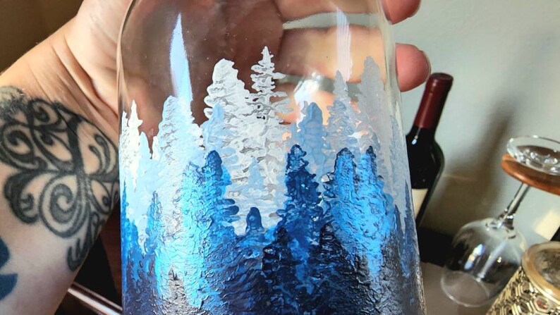 25oz Hand-Painted Whiskey/Bourbon Decanter Forest Design Blue