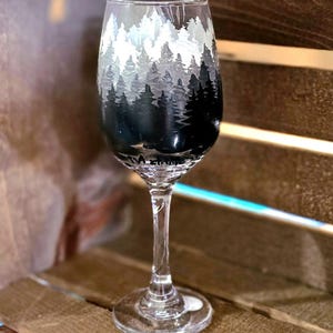 Hand-Painted White Wine Glass- Gradient Forest Trees