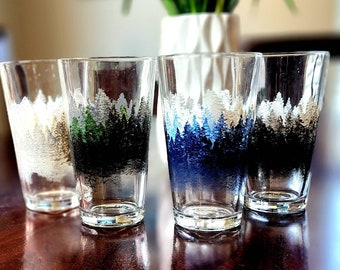 Set of 4- Hand Painted Pint Glasses- Dishwasher safe** Forest Trees or Mountain Design