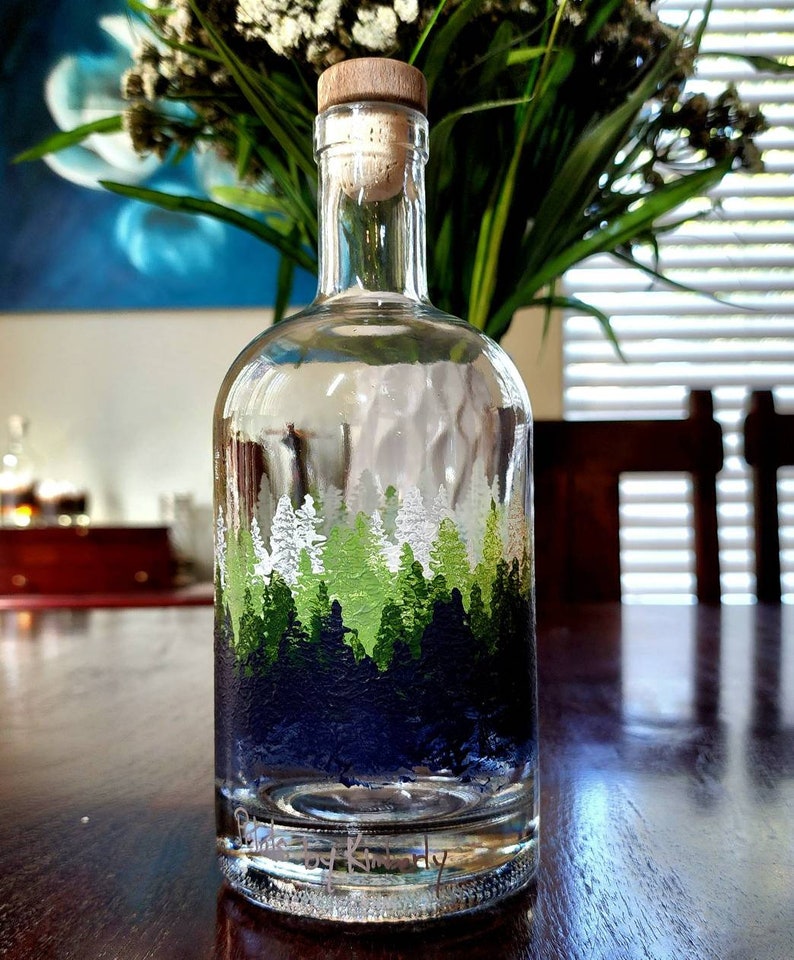 25oz Hand-Painted Whiskey/Bourbon Decanter Forest Design Greens